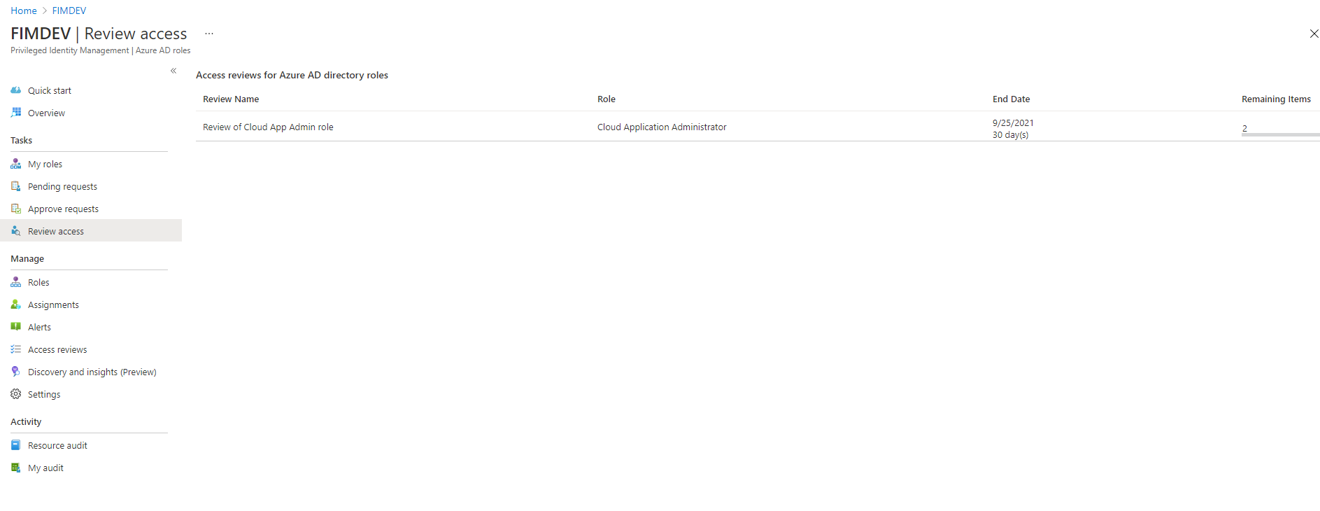 Screenshot of Privileged Identity Management application, with Review access pane selected for Microsoft Entra roles.