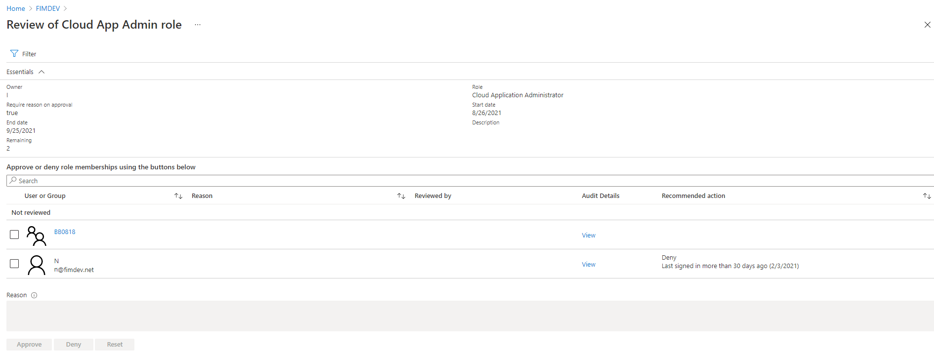 Screenshot of Privileged Identity Management application, with the selected Access Review for Microsoft Entra roles.