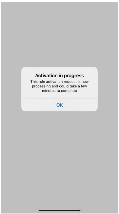 Screenshot of the mobile app showing the activation in progress message.