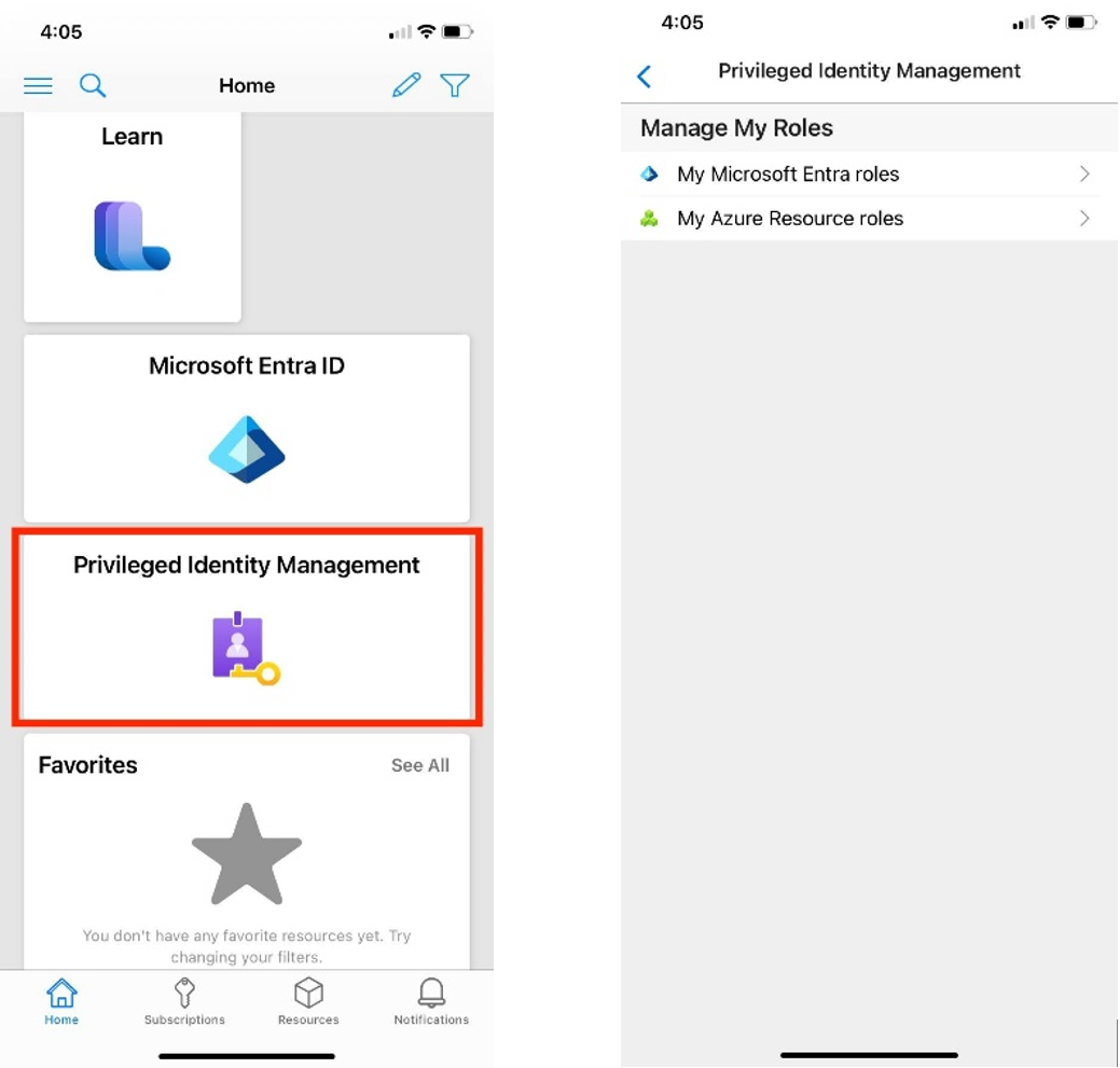 Screenshot of the mobile app showing privileged identity managementand the user's roles.