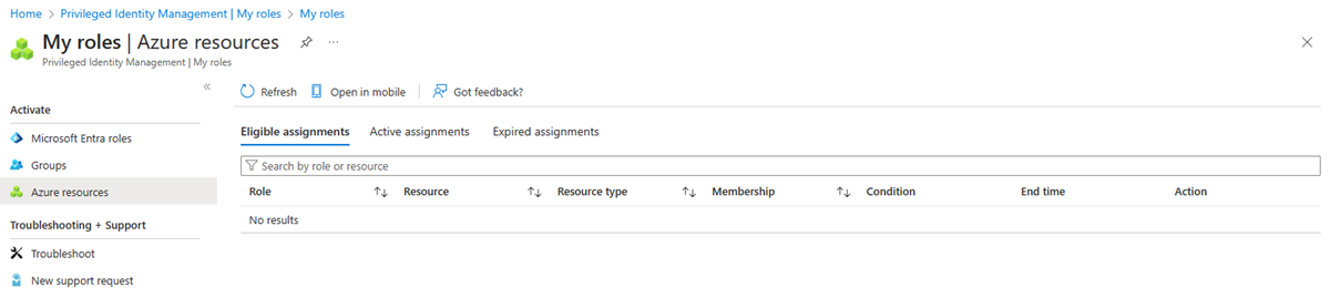 Screenshot of azure resource roles - My eligible roles list.