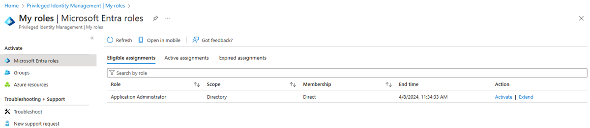 Screenshot of my roles page showing roles you can activate.