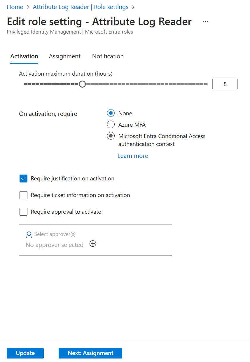 Screenshot that shows the Edit role settings Attestation Reader page.