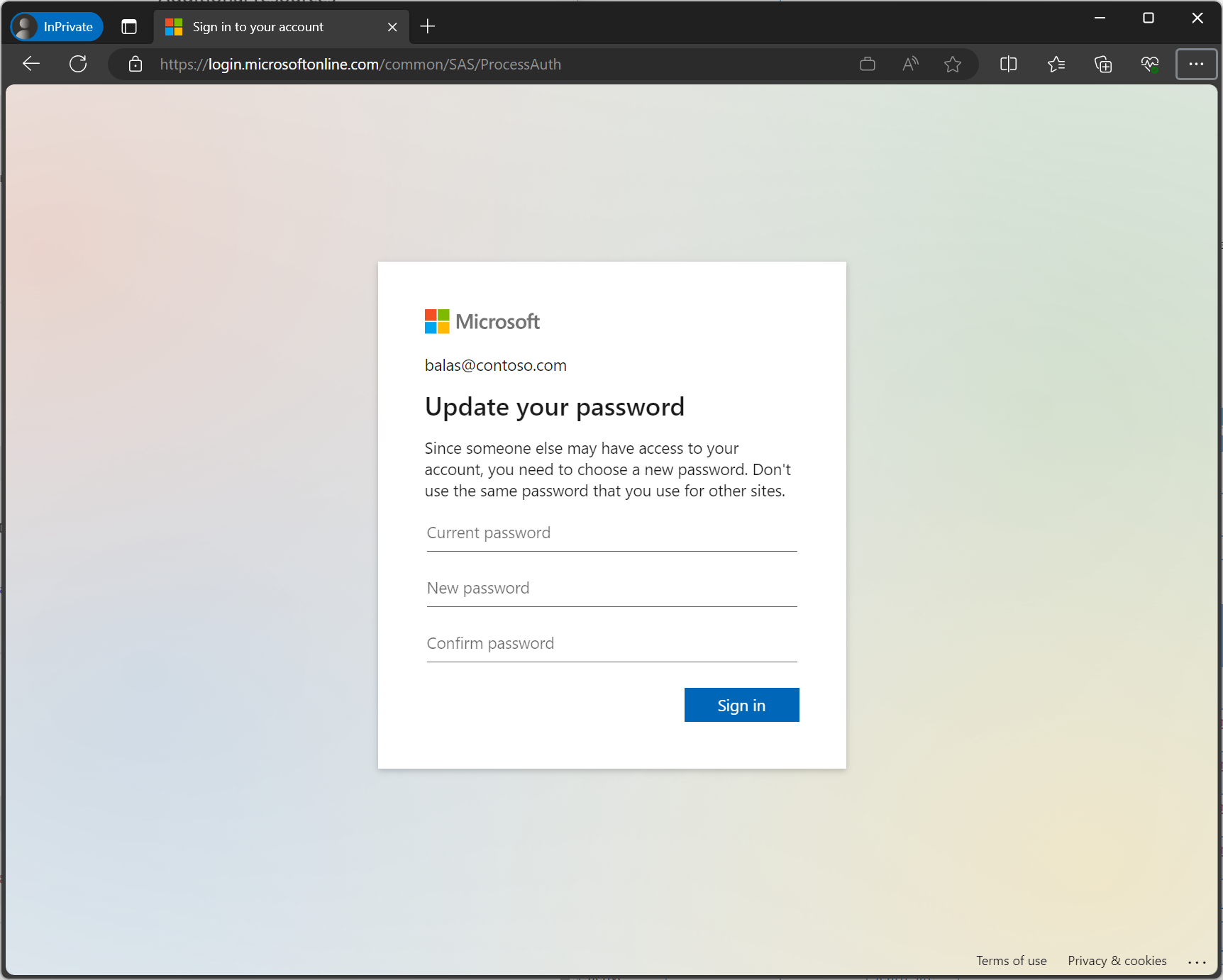 A screenshot showing the password change is required prompt when user risk is detected.