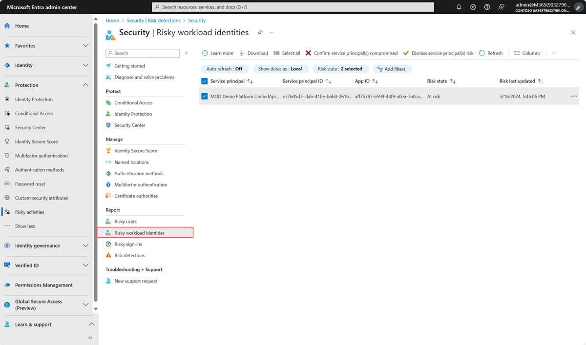 Screenshot showing risks detected against workload identities in the report.
