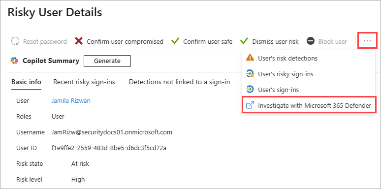 Risky user details pane with the ellipsis and investigate in Microsoft Defender XDR option highlighted.