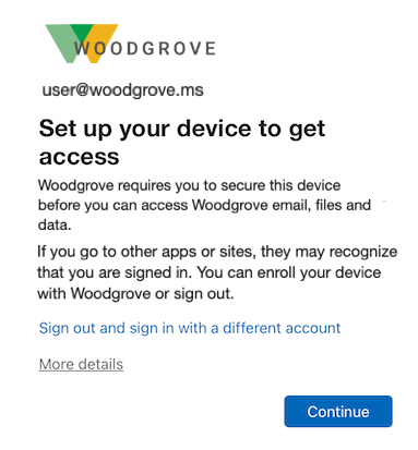 Screenshot of a Conditional Access error message informing the user that the device must be managed before this resource can be accessed.
