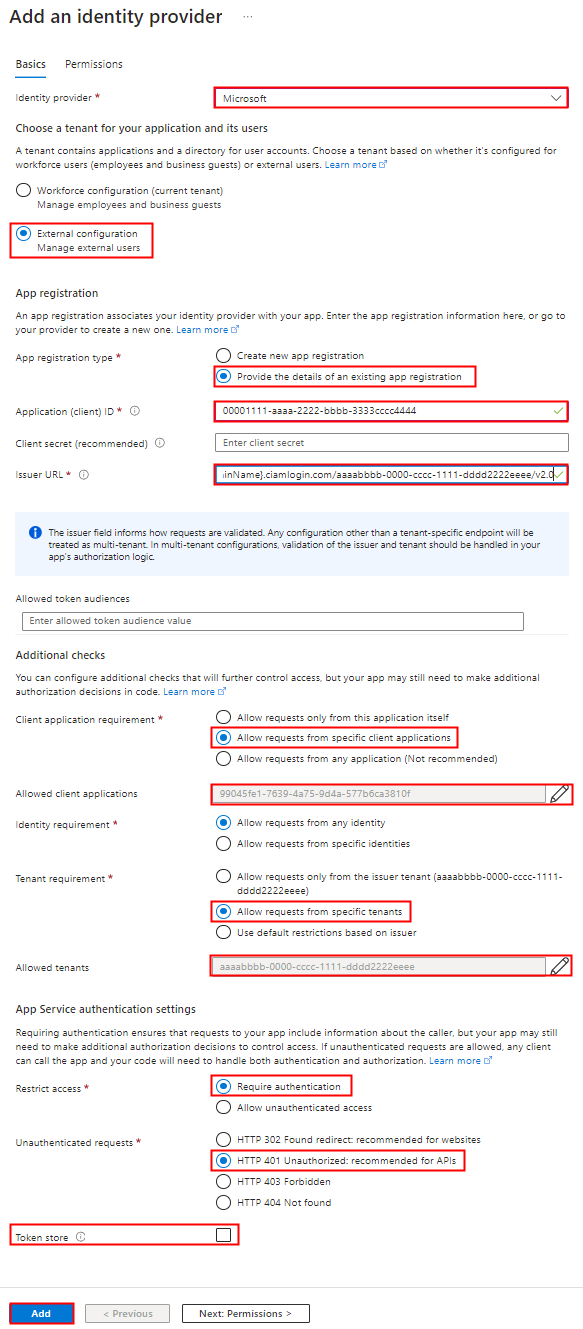 Screenshot that shows how to add authentication to your function app while in an external tenant.
