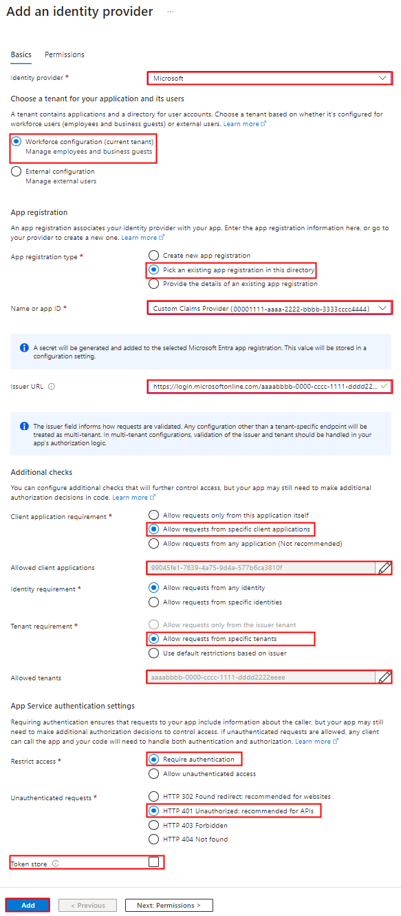 Screenshot that shows how to add authentication to your function app while in a workforce tenant.