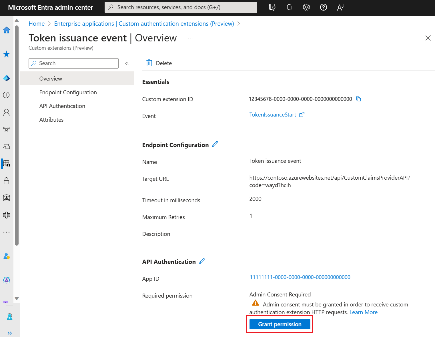 Screenshot that shows how grant admin consent.