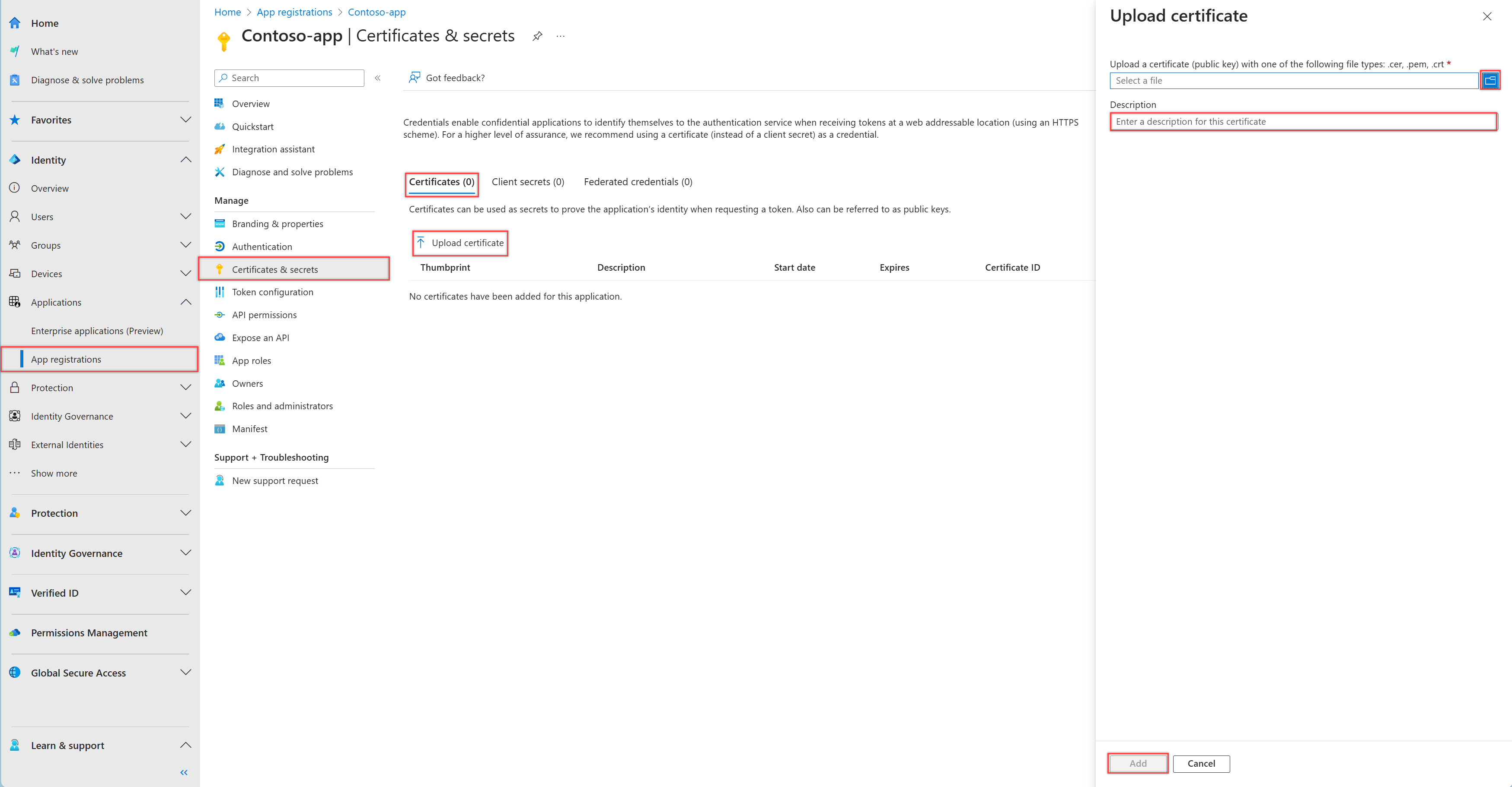 Screenshot of the Microsoft Entra admin center, showing the Certificates tab in the Certificates and secrets pane in an app registration.