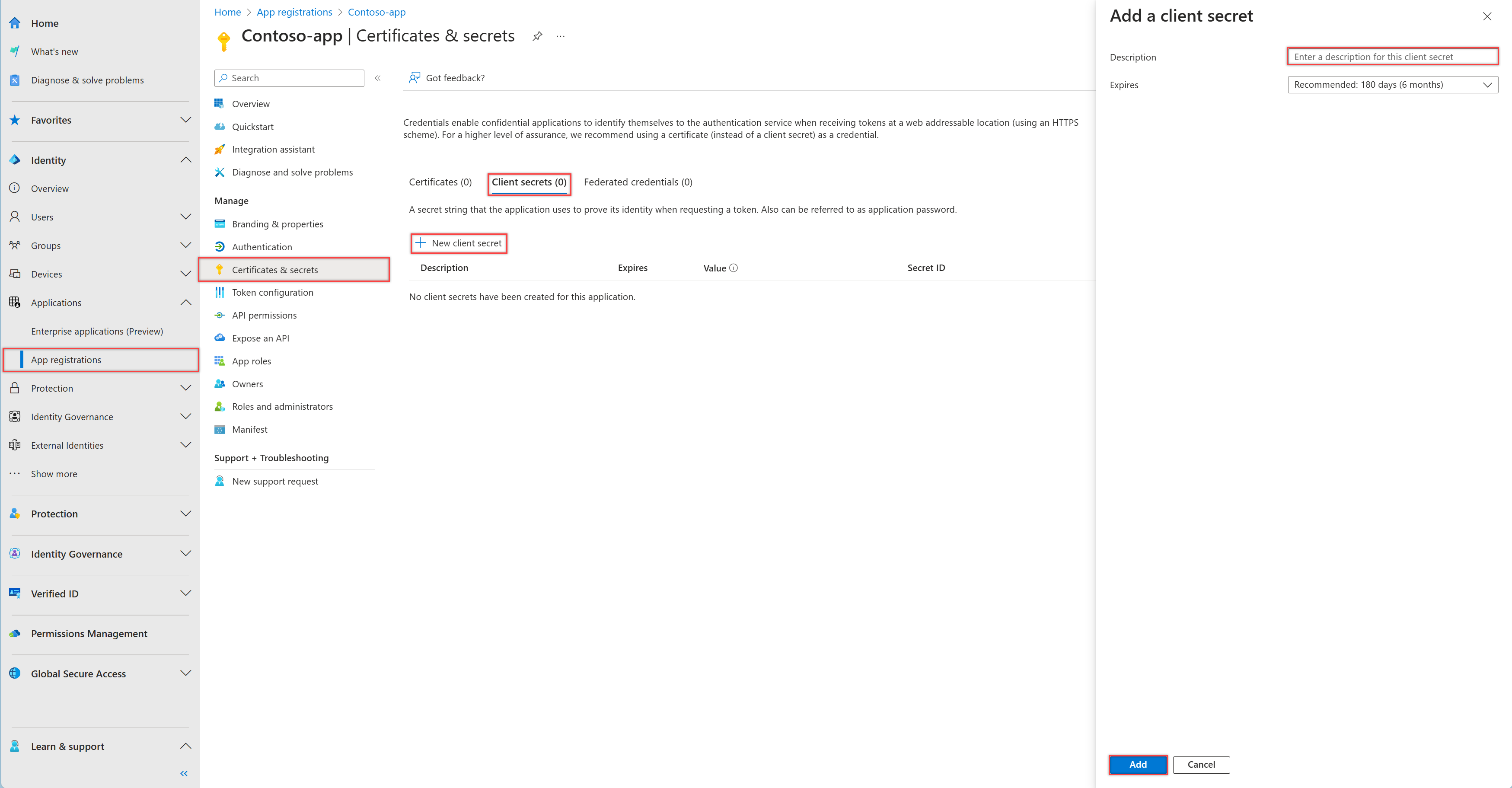 Screenshot of the Microsoft Entra admin center, showing the Client secrets tab in the Certificates and secrets pane in an app registration.