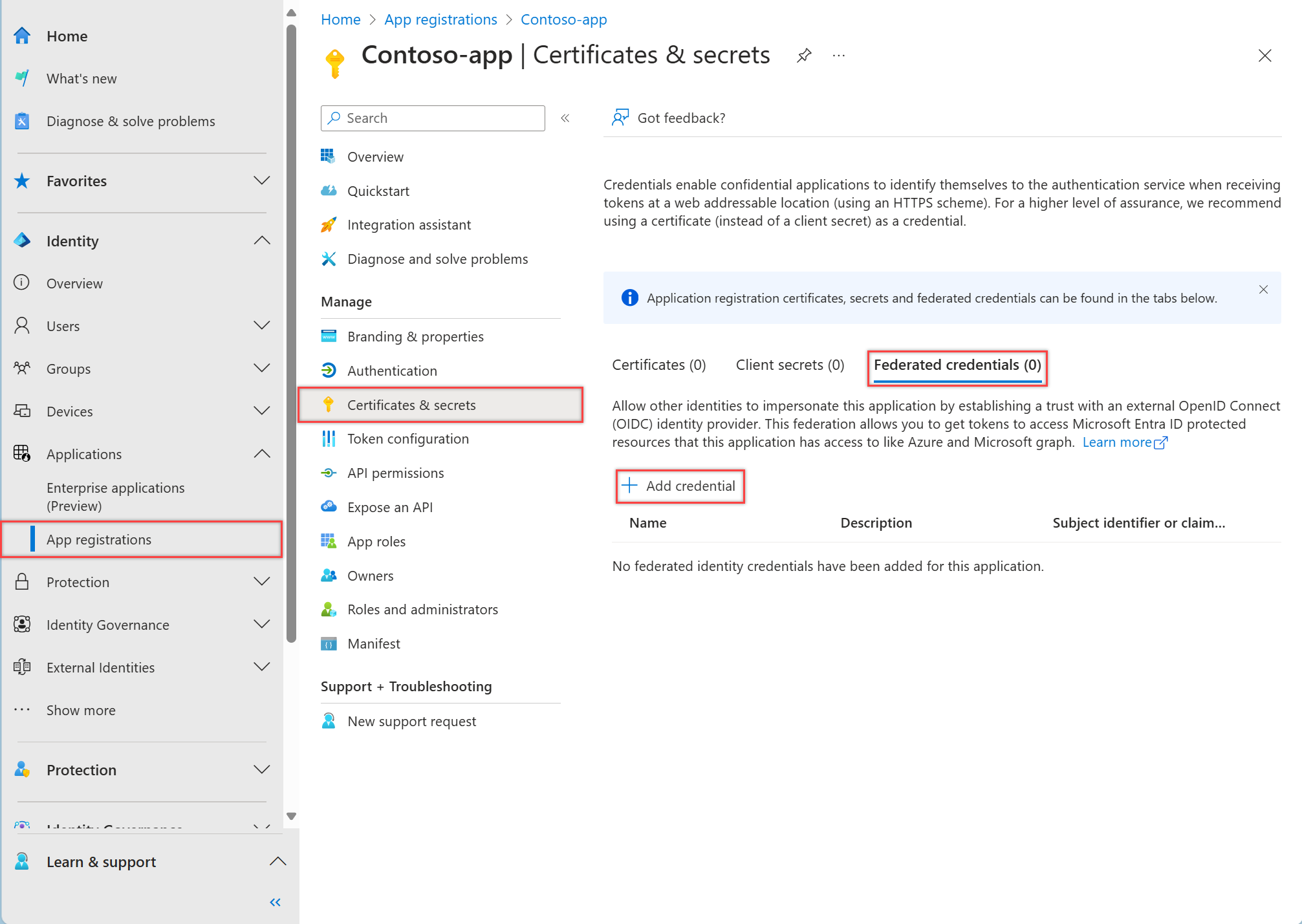Screenshot of the Microsoft Entra admin center, showing the Certificates and secrets pane in an app registration.