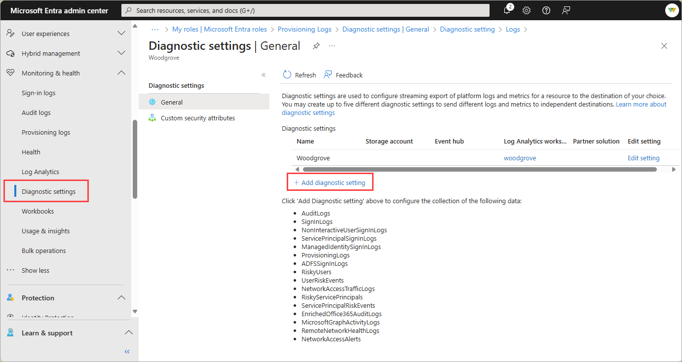 Screenshot of accessing diagnostic settings.