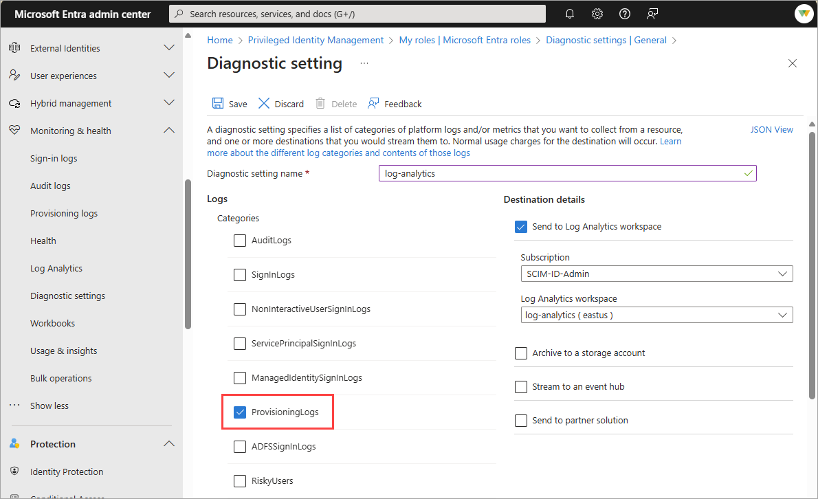Screenshot of enabling application provisioning logs.