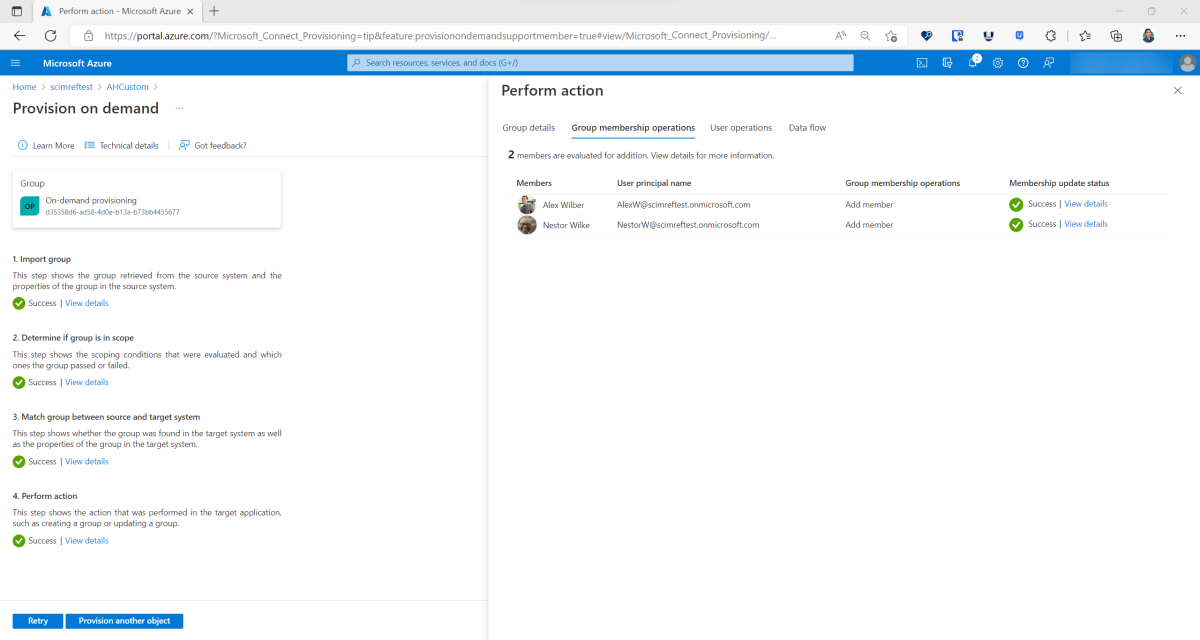 Screenshot that shows the successful on-demand provisioning of a user.