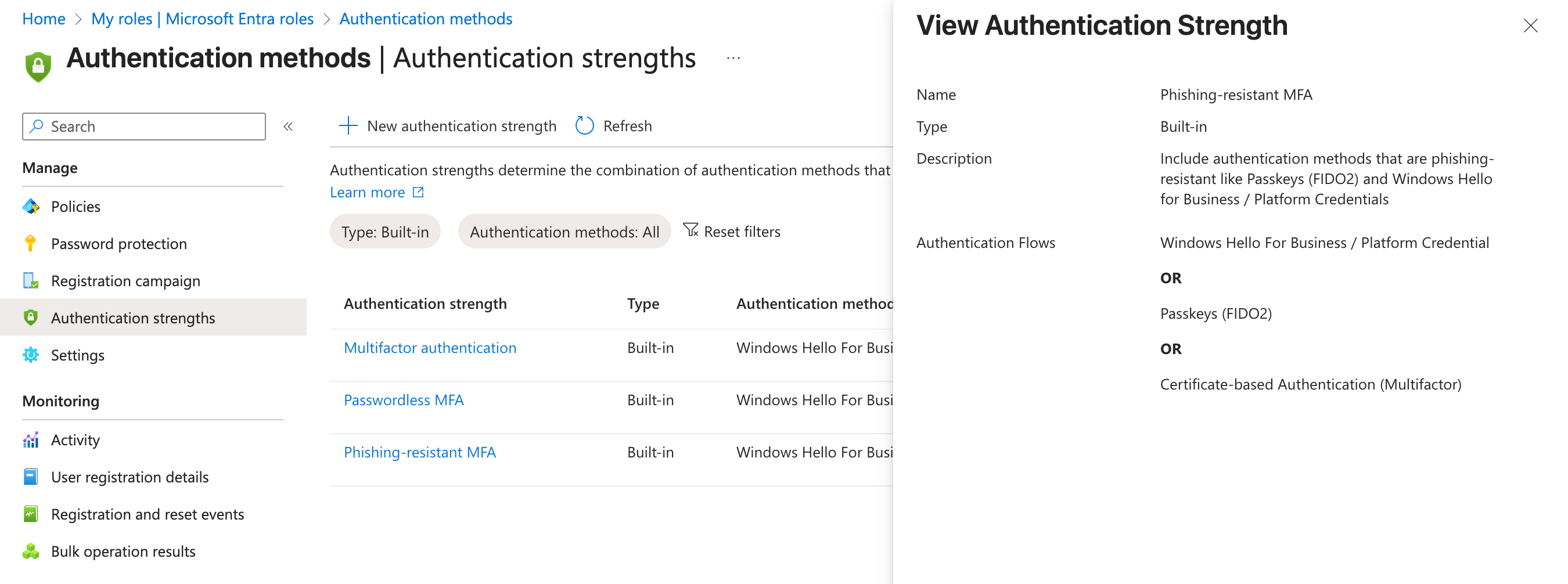 Screenshot that shows the definition of the authentication strength for phishing-resistant multifactor authentication.