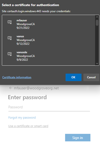 Screenshot that shows how to select a certificate.
