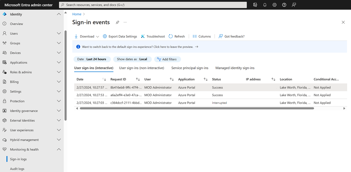 Screenshot that shows single-factor authentication entry in the sign-in logs.