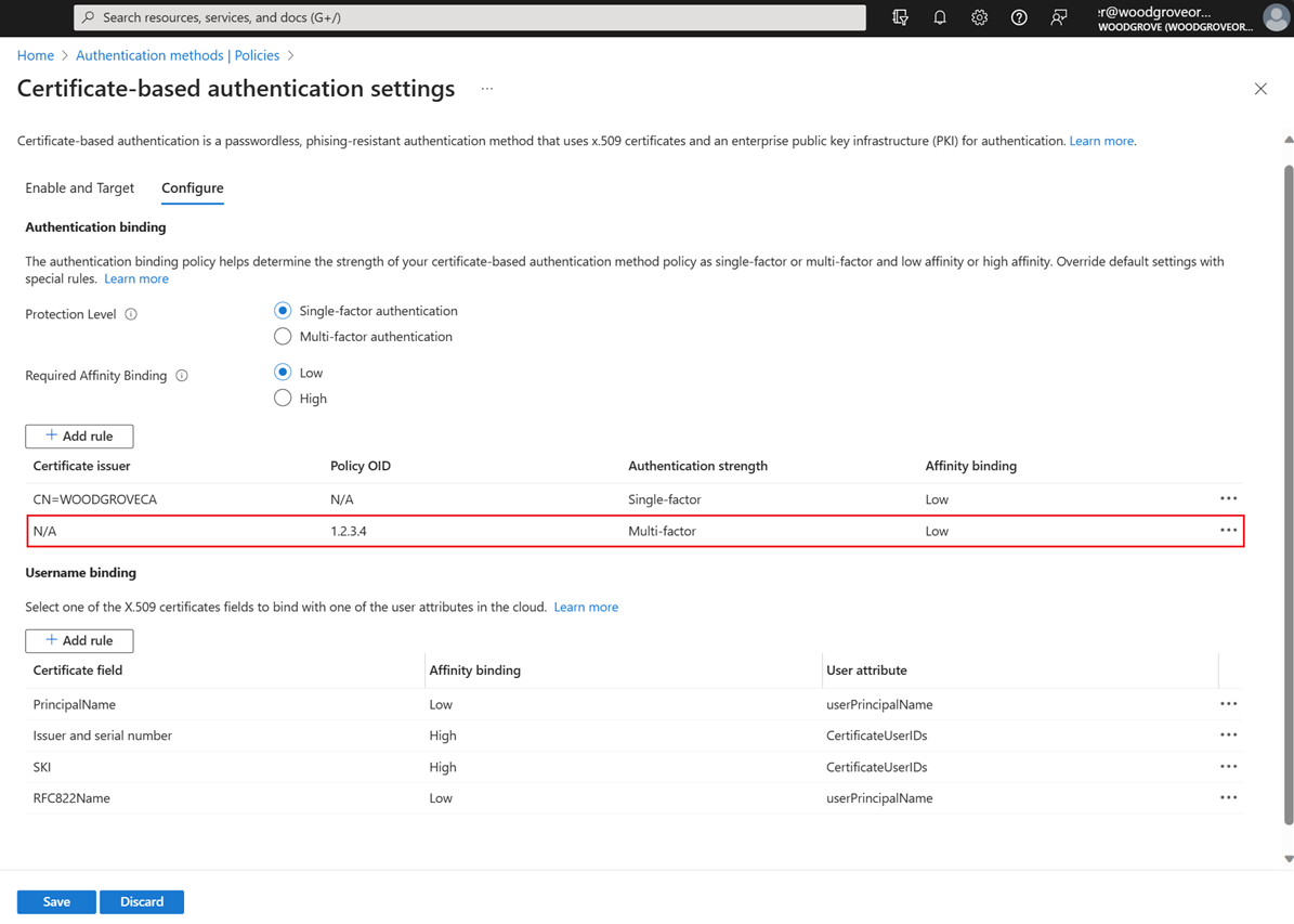 Screenshot that shows the Authentication policy configuration showing MFA required.