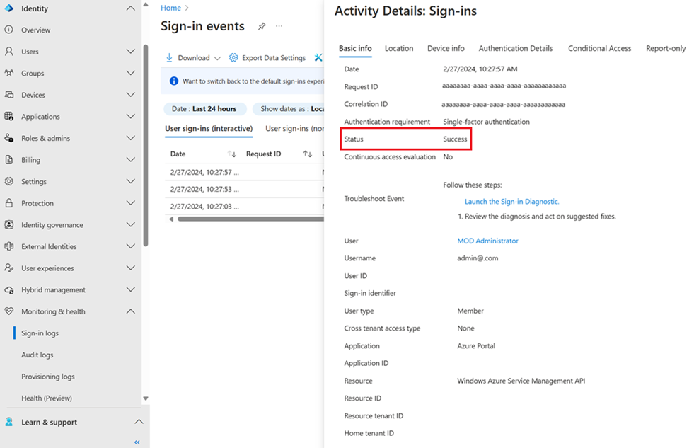 Screenshot that shows a refresh token entry in the sign-in logs.