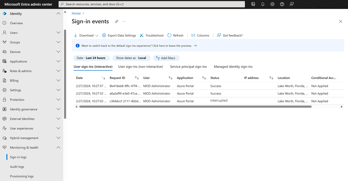 Screenshot that shows several entries in the sign-in logs.