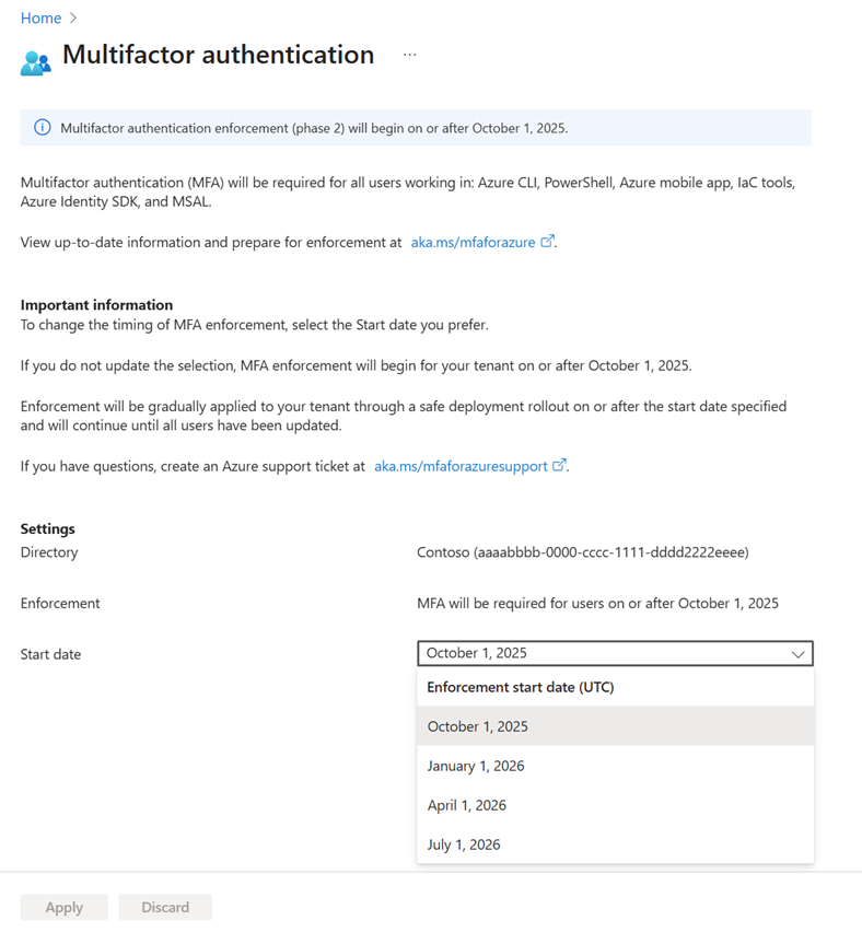 Screenshot of how to postpone mandatory MFA for phase two.
