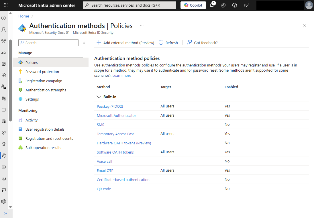 Screenshot of the Authentication methods policy for Microsoft Entra ID.