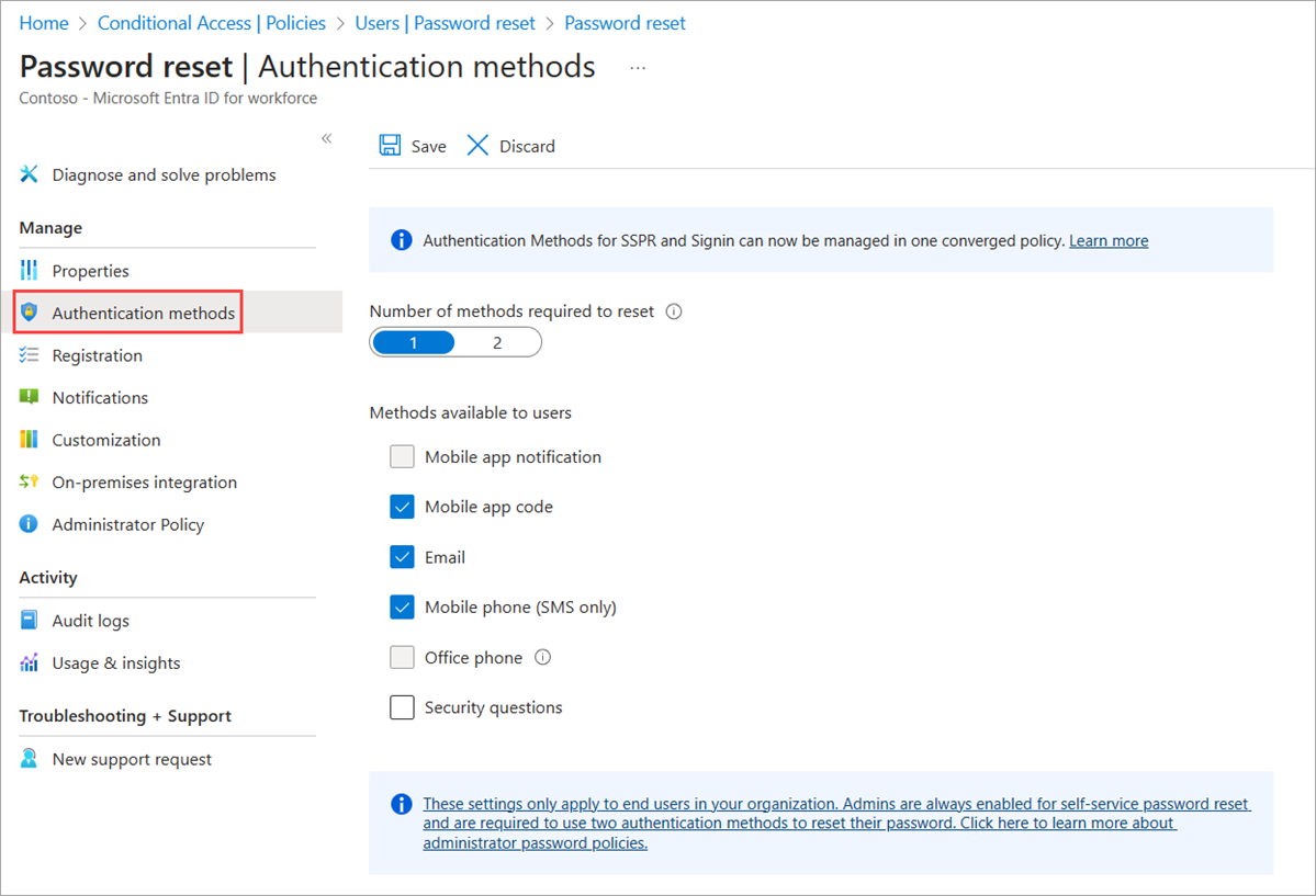Screenshot that shows the legacy Microsoft Entra SSPR policy.