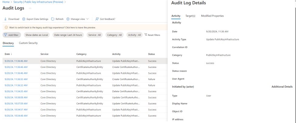 Screenshot that shows the Audit Logs pane.