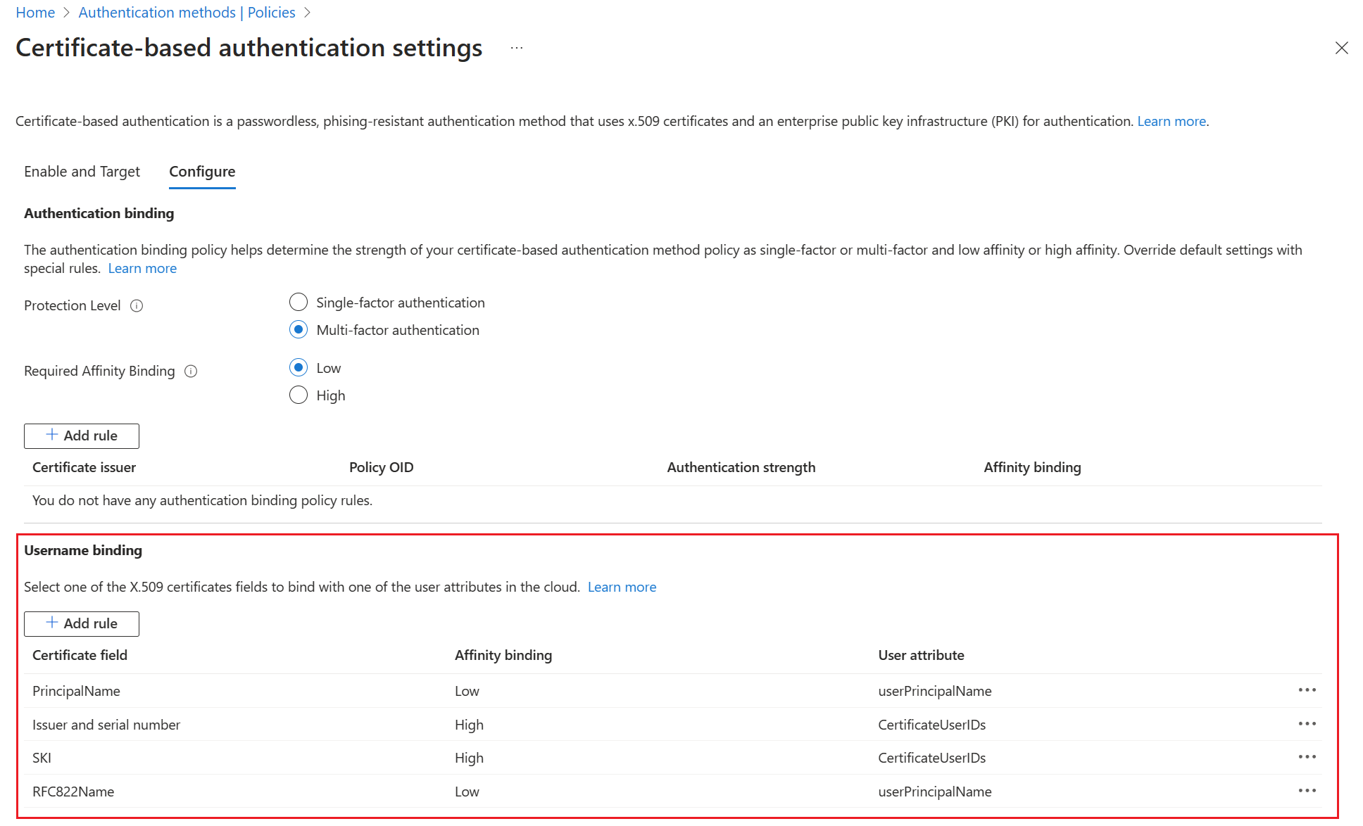 Screenshot that shows a username binding policy.