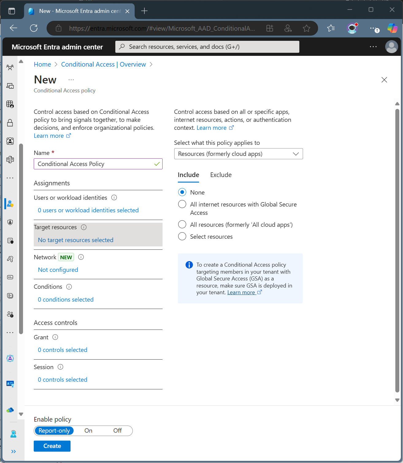 Screenshot of a Conditional Access policy and the target resources panel.