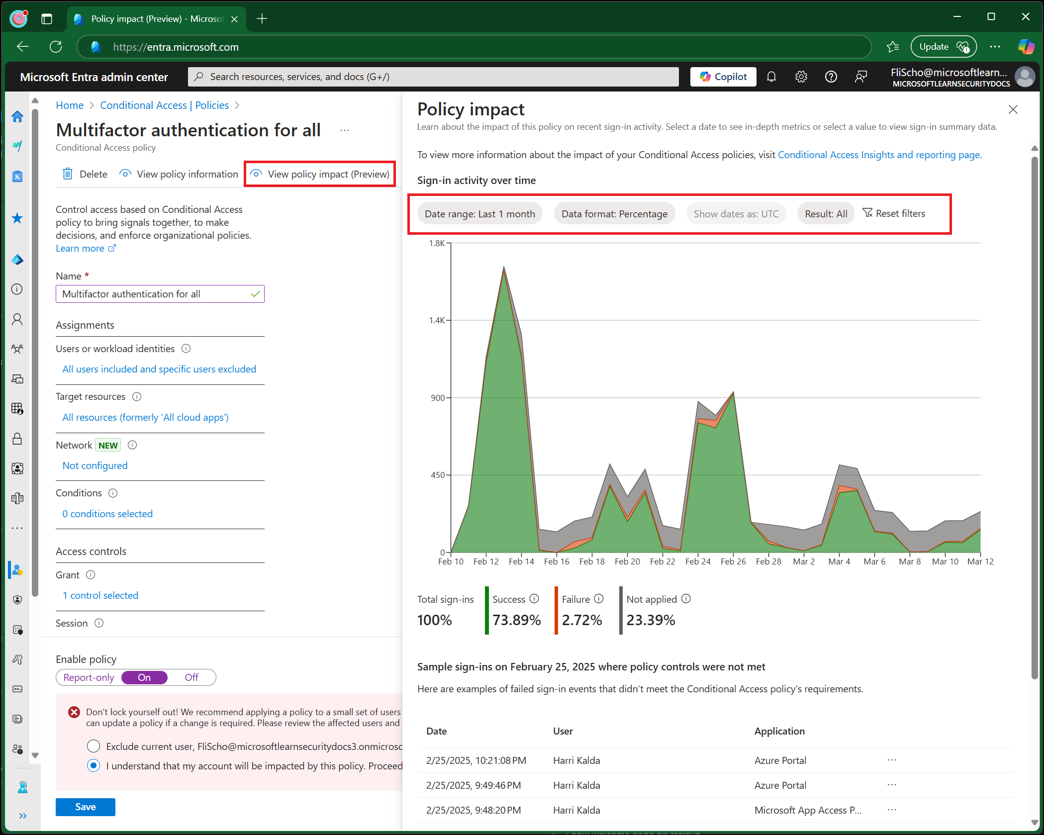Screenshot of Conditional Access policy impact example.