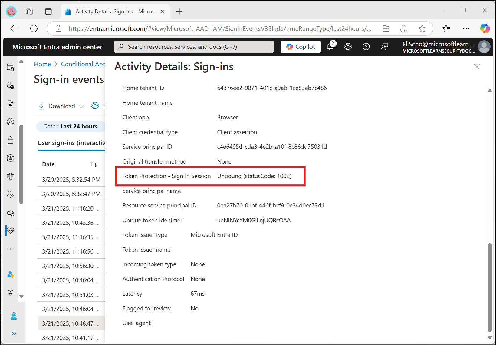 Screenshot showing a sample sign-in with the Token Protection - Sign In Session attribute highlighted.