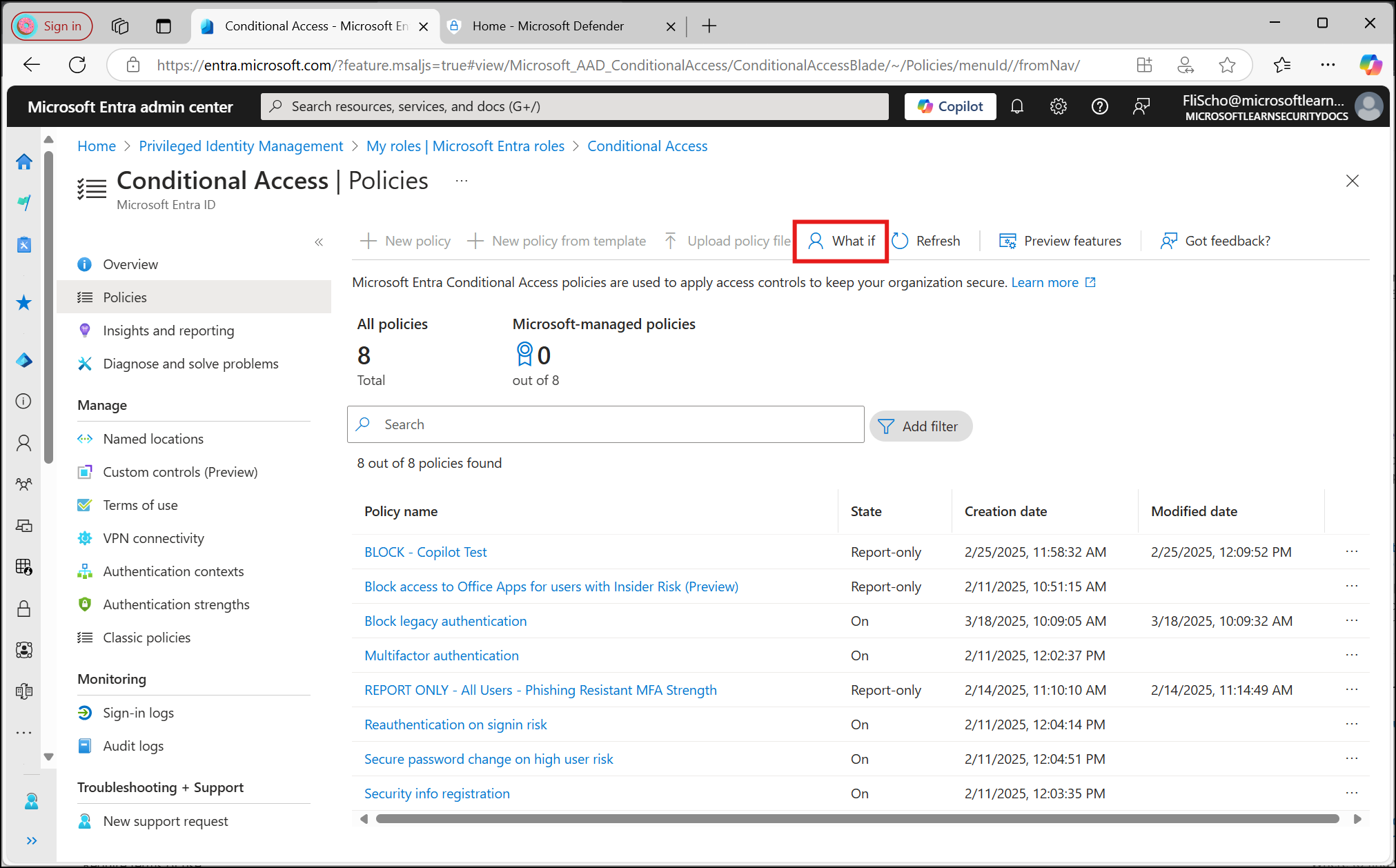 Screenshot of the Conditional Access Policies page with the What If tool highlighted in the toolbar.