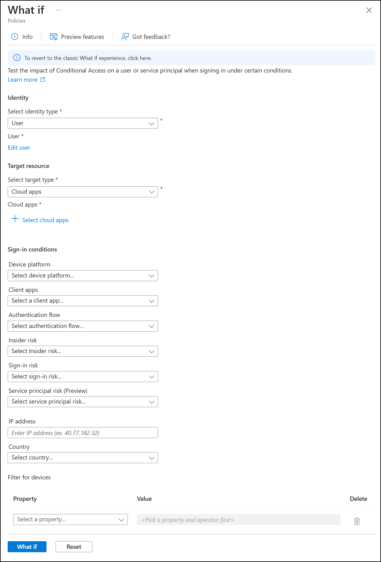 Screenshot of the What If page showing fields for entering conditions.