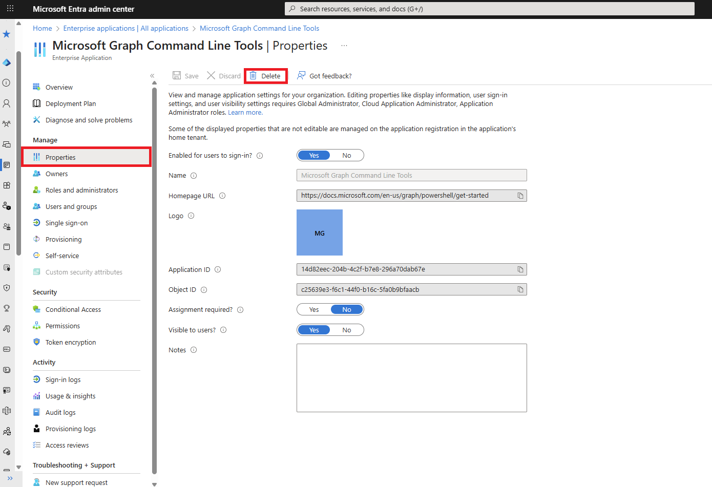 screenshot of how to delete an enterprise application.