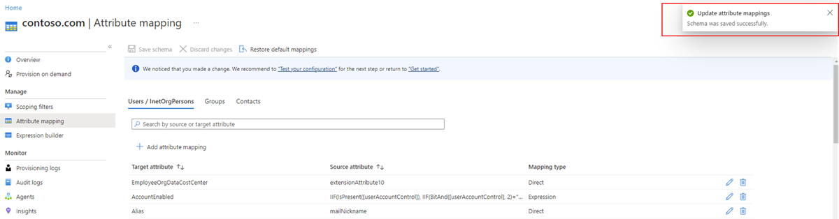 Screenshot of successful schema save.