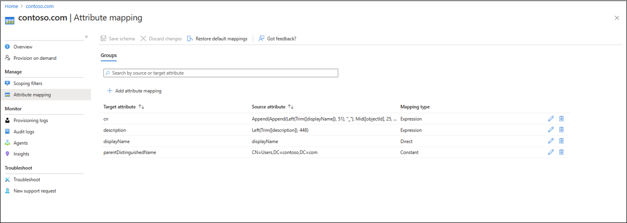 Screenshot of the default attribute mappings.