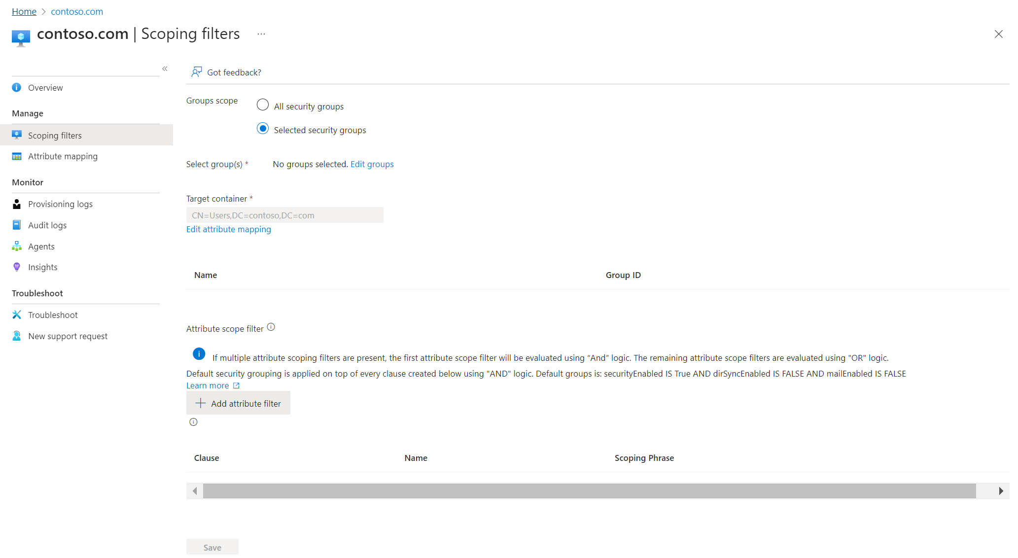 Screenshot of the scoping filters sections.