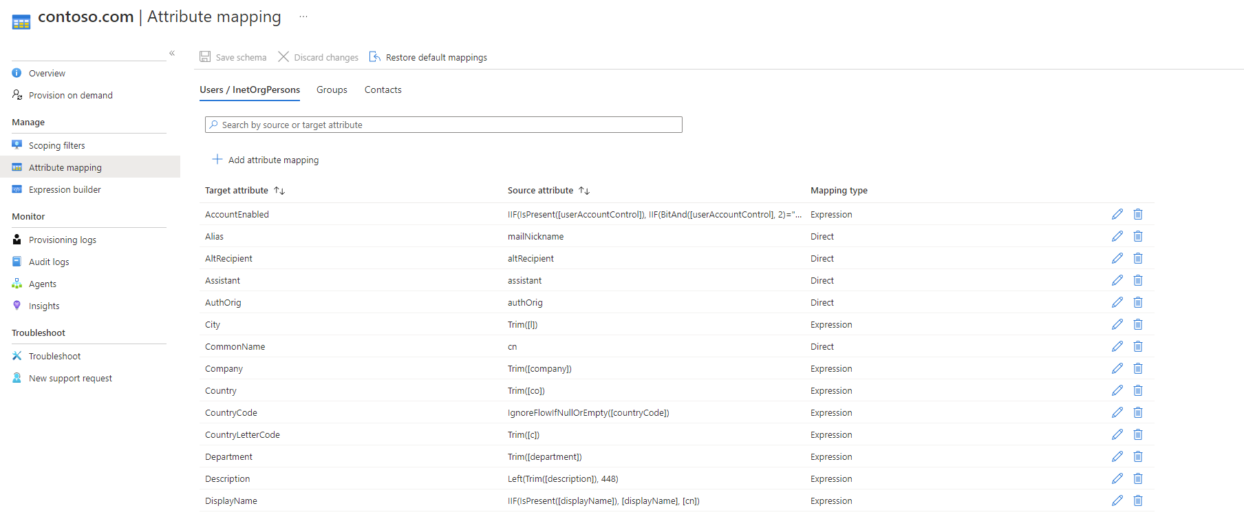 Screenshot of default attribute mappings.