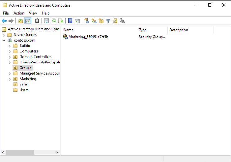 Screenshot of new group in active directory users and computers.