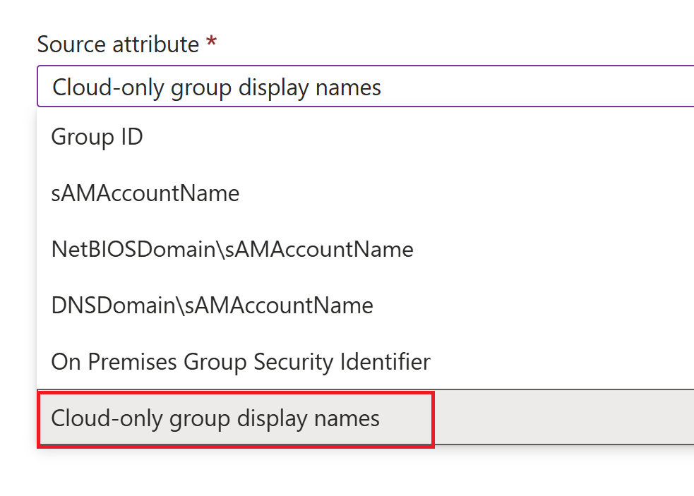 Screenshot that shows the Group Claims source attribute dropdown, with the option for configuring cloud only group names selected.