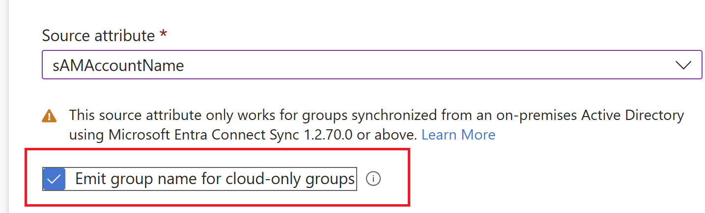Screenshot that shows the configuration to emit on-premises group attribute for synced groups and display name for cloud groups.