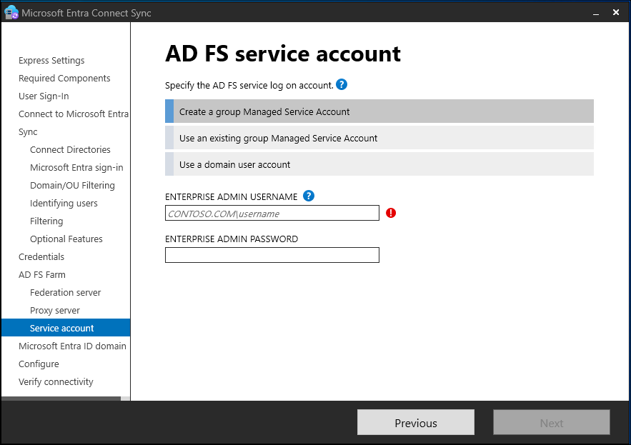 Screenshot of the AD FS service account.