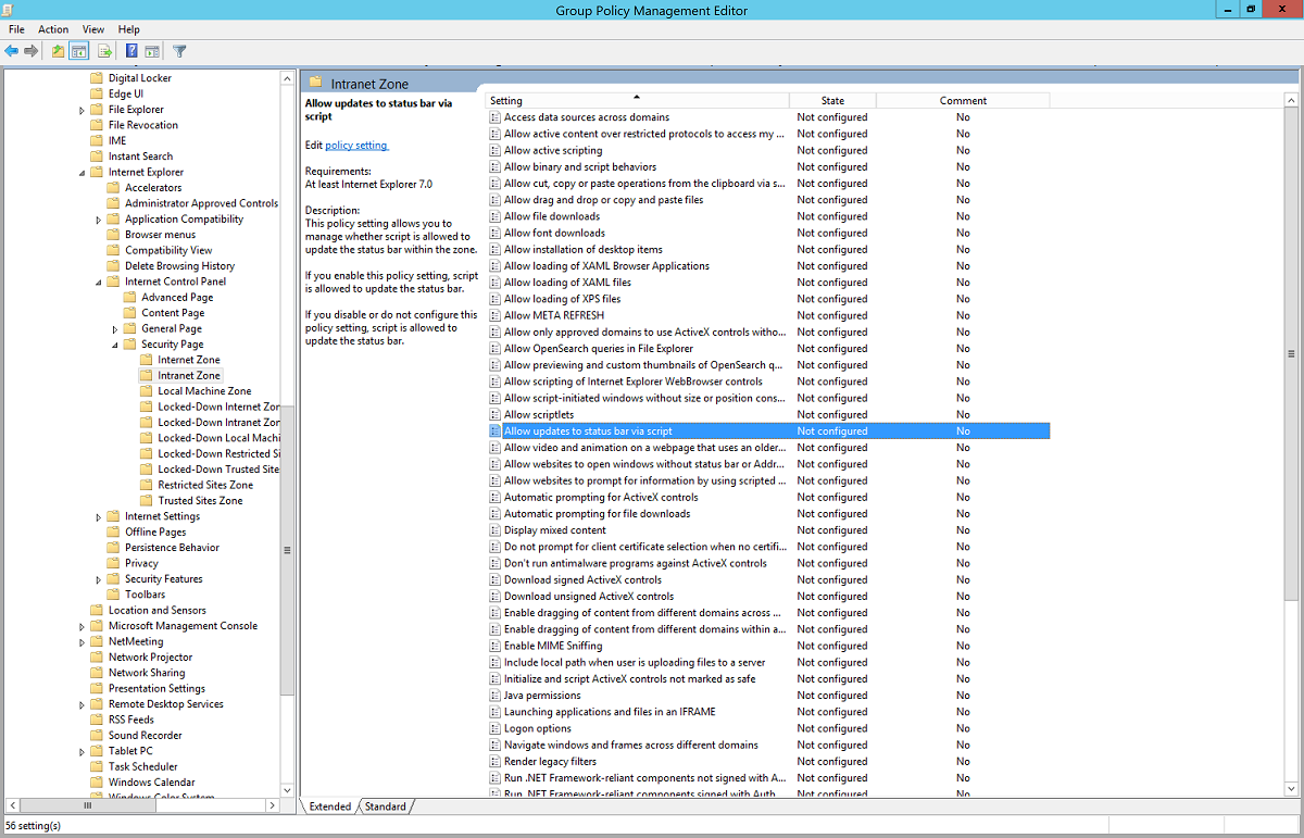 Screenshot that shows the Intranet Zone page with Allow updates to status bar via script selected.