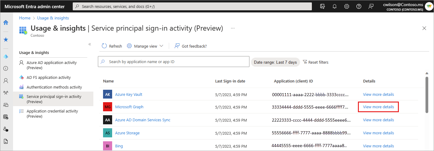 Screenshot of the service principal sign-in activity report.