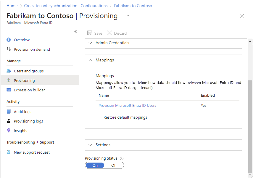 Screenshot that shows the Provisioning page with the Mappings section expanded.