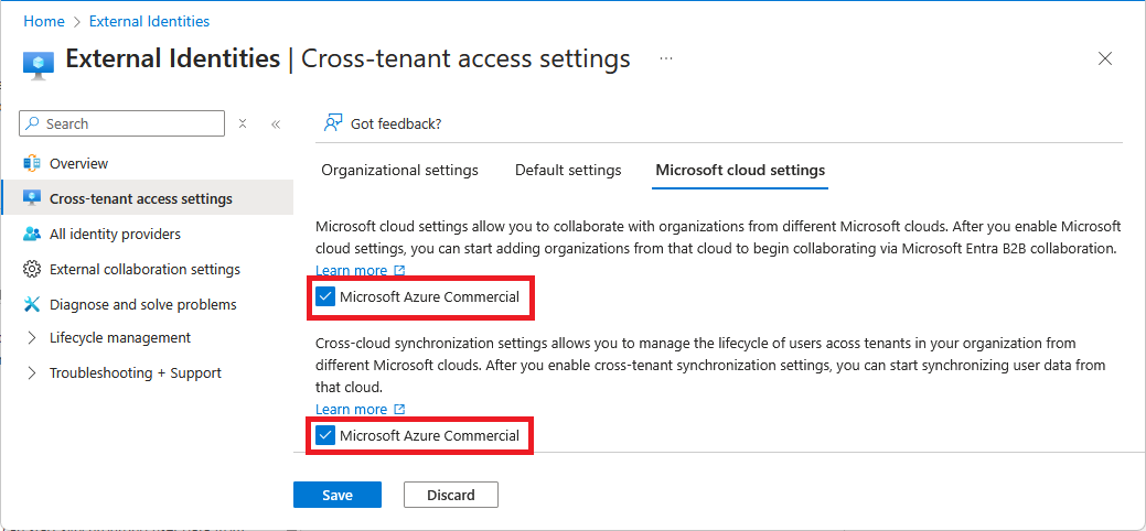 Screenshot of Microsoft cloud settings that shows check box to enable cross-cloud synchronization.