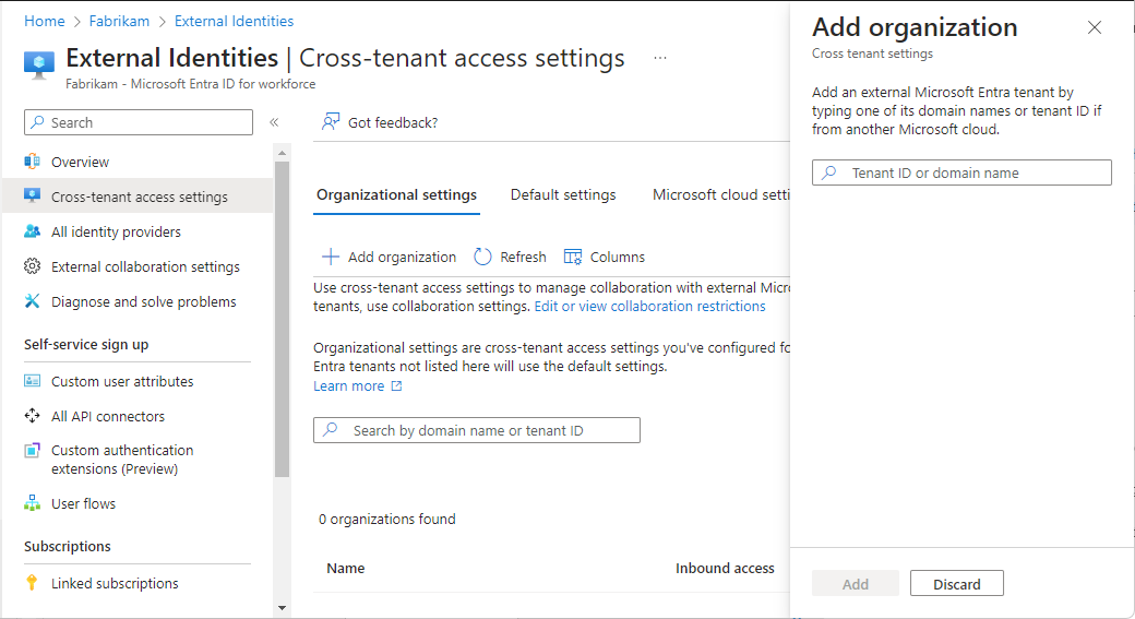 Screenshot that shows the Add organization pane to add the target tenant.